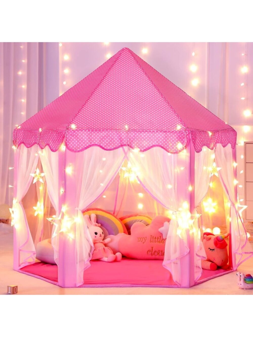 Kids Pink Castle Play Tent with Fairy Star Lights Toys Indoor or Outdoor Games